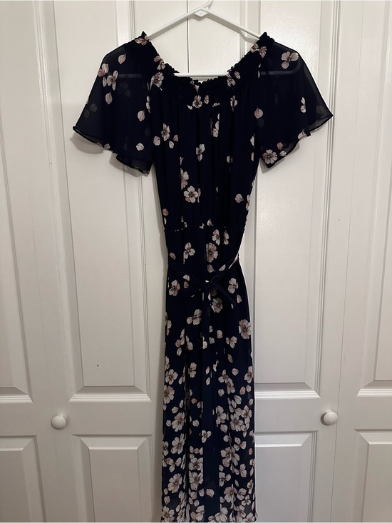 Dresses & Skirts - Floral Off-Shoulder Navy Blue Maxi Dress